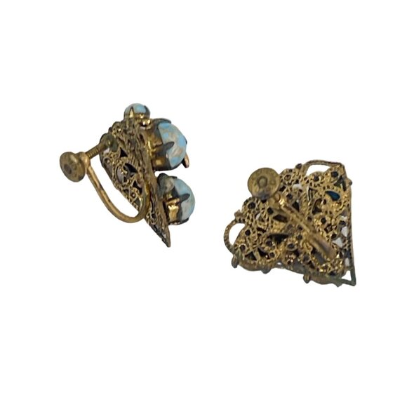 Vintage Czech Brass Turquoise Glass Cabochon Screw Back Earrings 3/4" - Picture 6 of 8